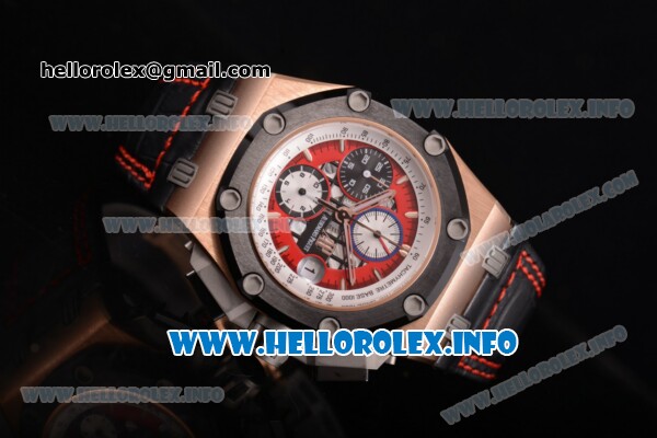 Audemars Piguet Royal Oak Offshore Ruben Barrichello Chrono Swiss Valjoux 7750 Automatic Rose Gold Case with PVD Bezel Red Skeleton Dial and White Stick Markers - 1:1 Original (JF) - Click Image to Close